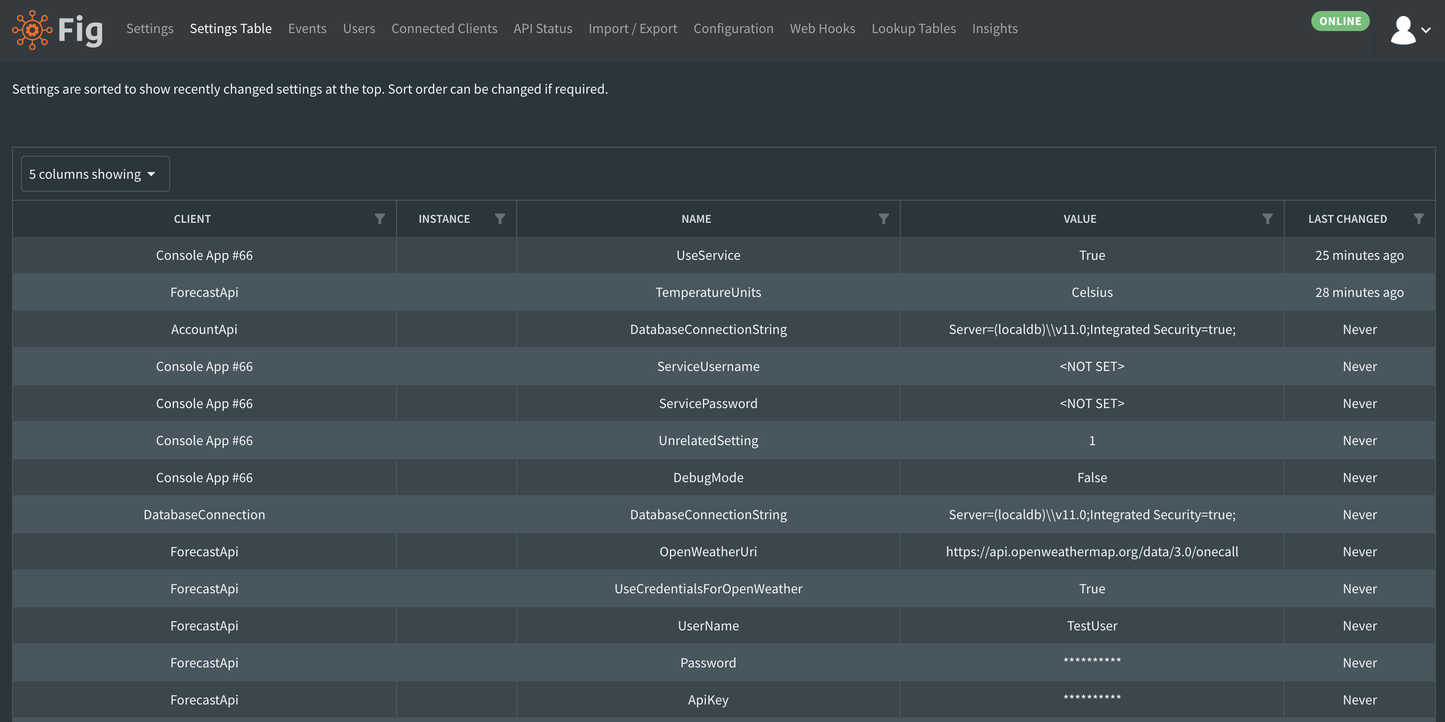 Settings table