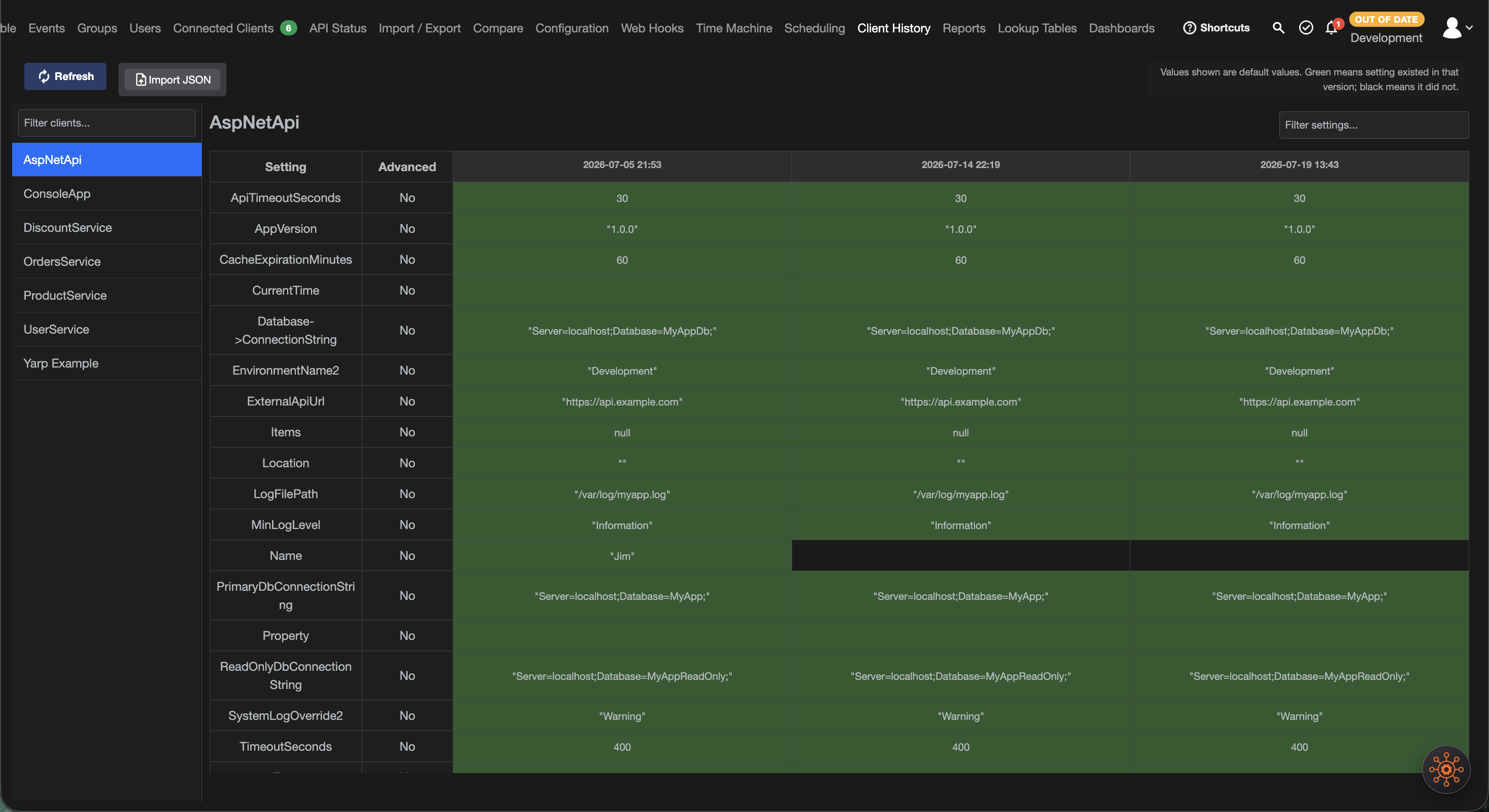 Client history comparing setting values across versions